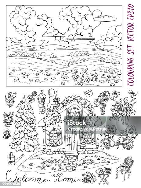 Coloring page with cute house landscape conifer garden furniture and flowers stock illustration