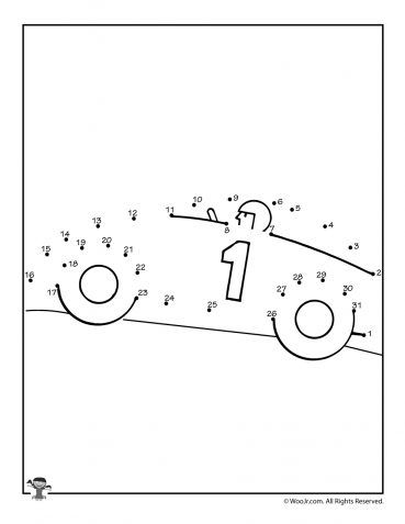 Race car dot to dot coloring page woo jr kids activities childrens publishing childrens publishing connect the dots dots