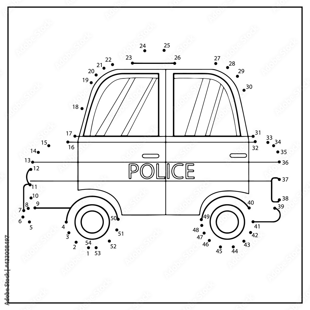 Game connect by dots and numbers drawing activity coloring page with cartoon police car kids worksheet dot to dot game vector