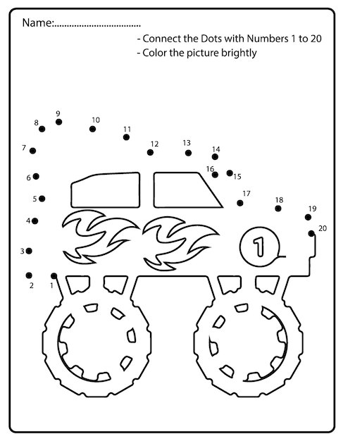 Premium vector funny off road of monster truck dot to dot coloring pages worksheets for toddler