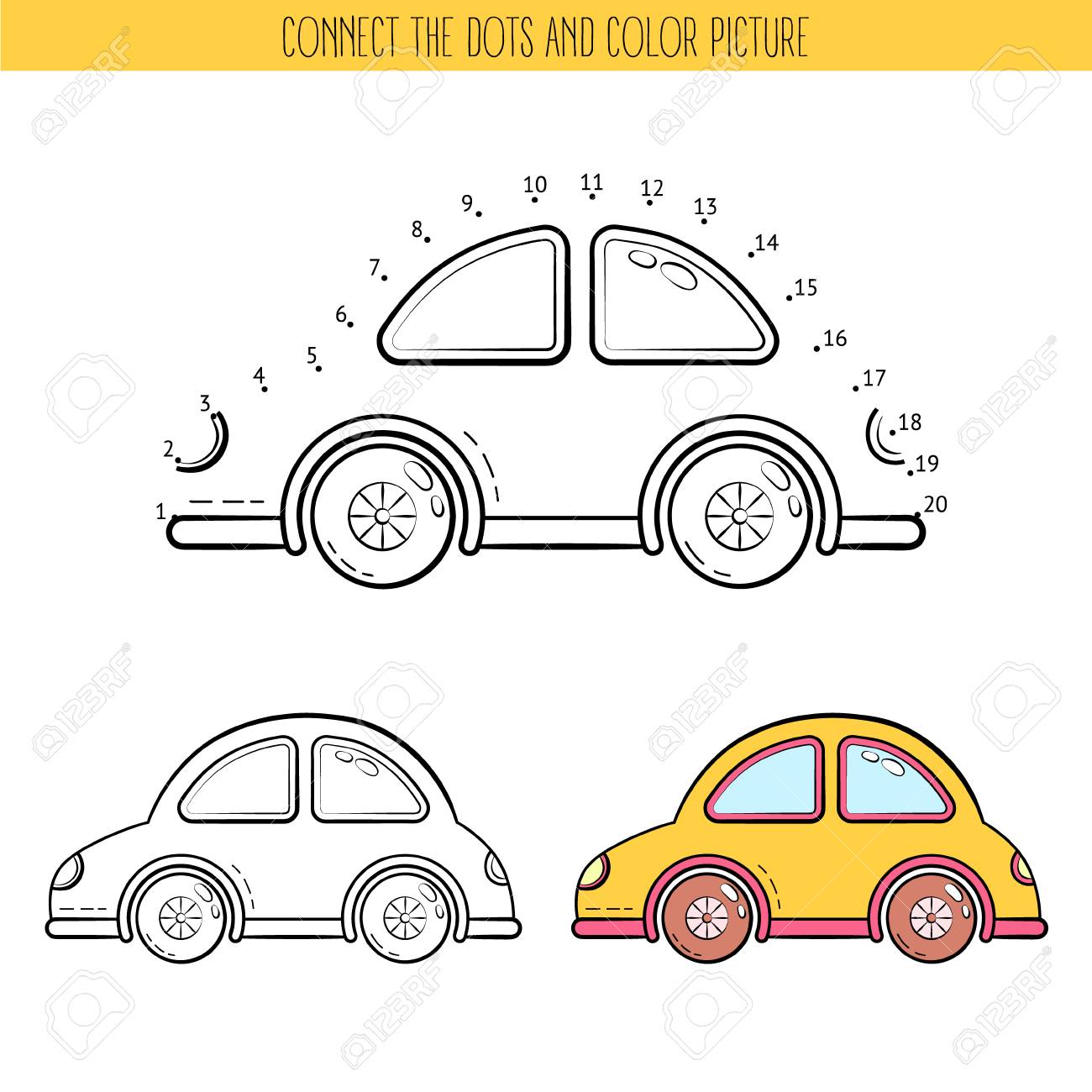 Coloring book and dot to dot educational game for kids connect the dots puzzle worksheet for class or at home with the kids cartoon toy car royalty free svg cliparts vectors and