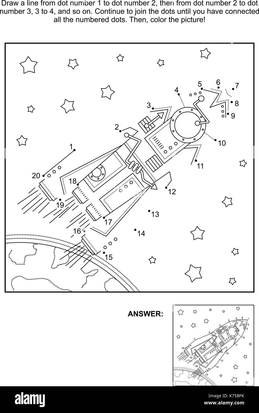 Connect the dots picture puzzle and coloring page space exploration themed with rocket or spaceship stars earth answer included stock vector image art