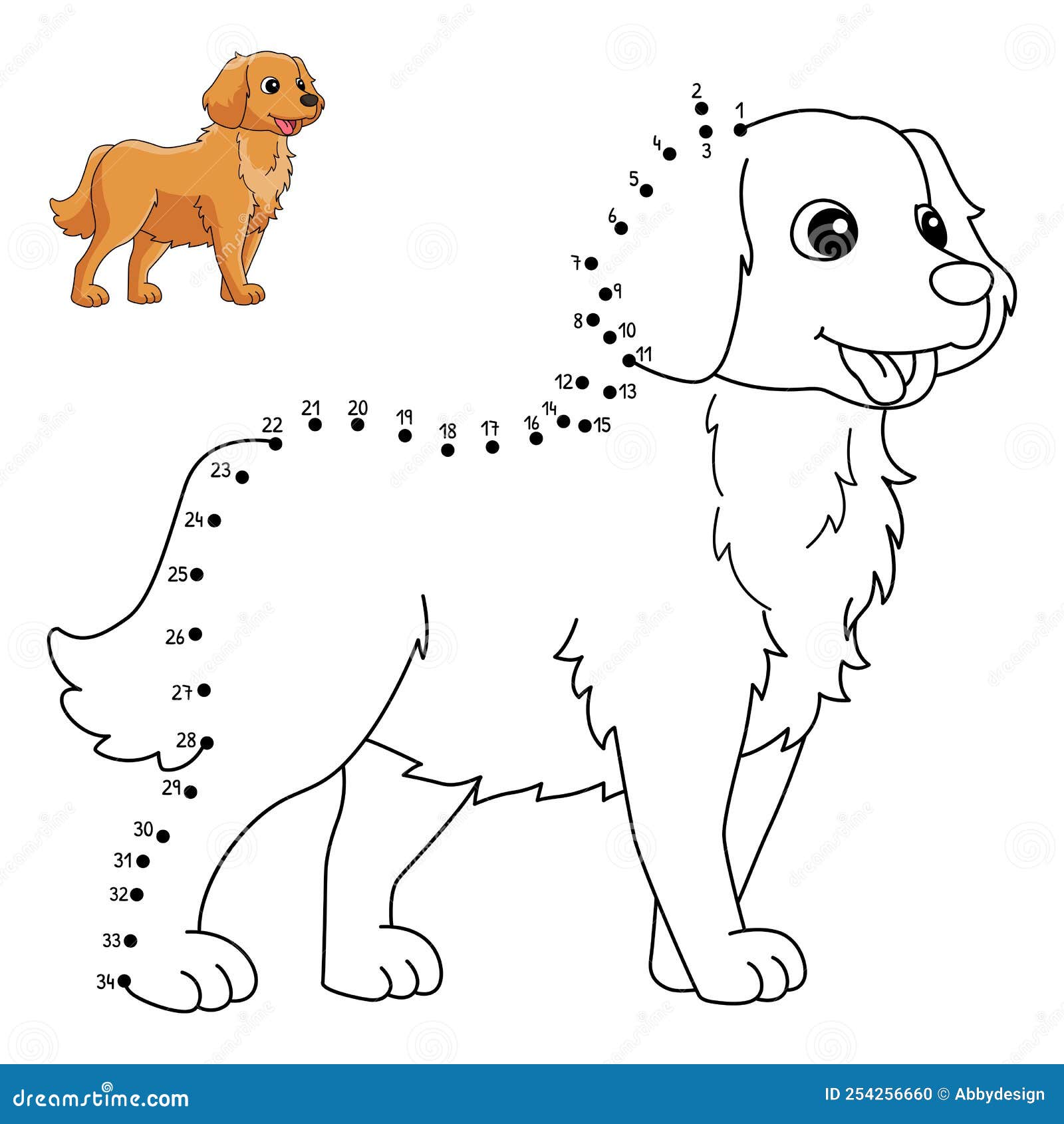 Dot to dot golden retriever coloring page for kids stock vector
