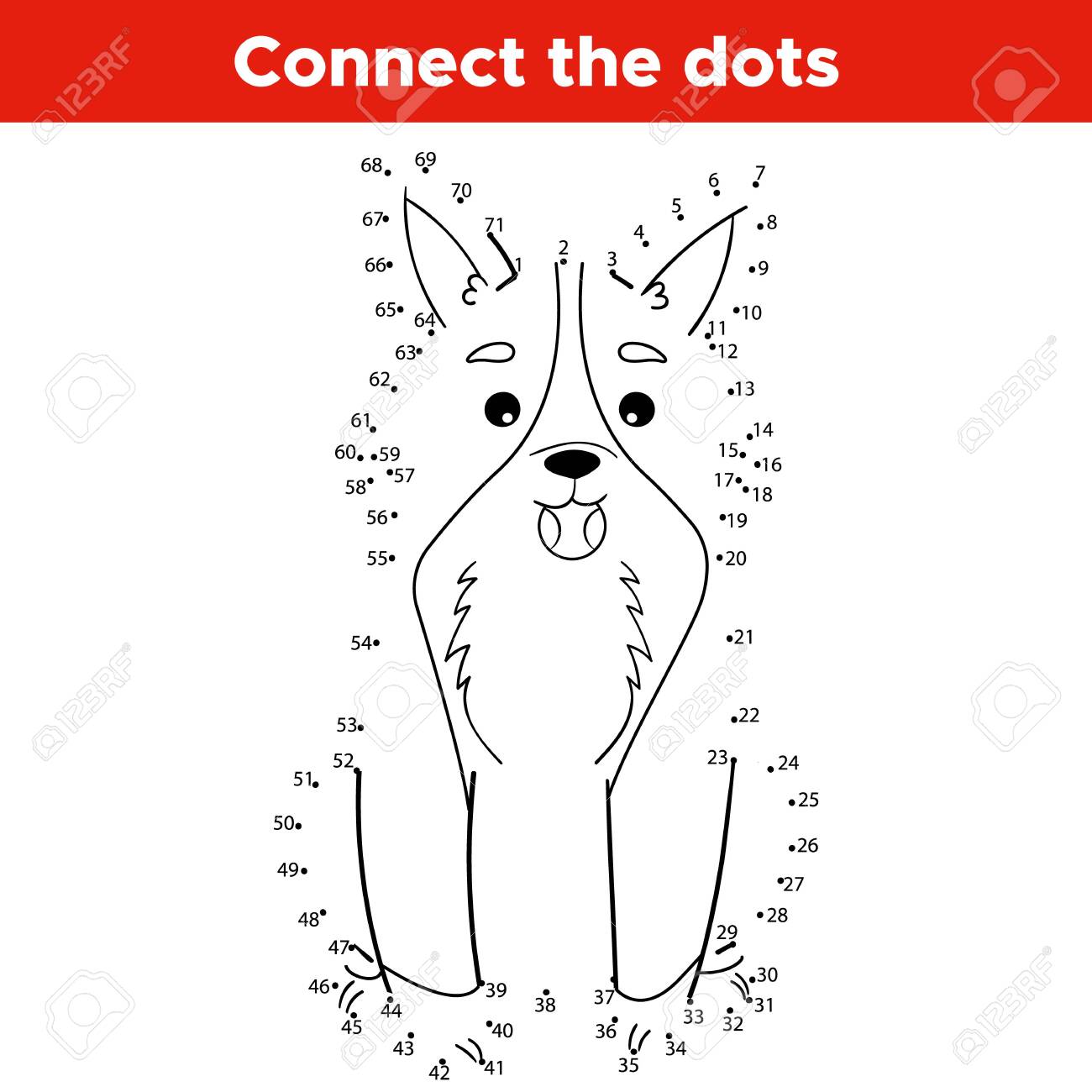 Dot to dot number game for kids educational activity worksheet cute cartoon welsh corgi with ball learn count coloring page royalty free svg cliparts vectors and stock illustration image