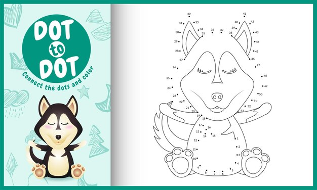 Premium vector connect the dots kids game and coloring page with a cute husky dog character