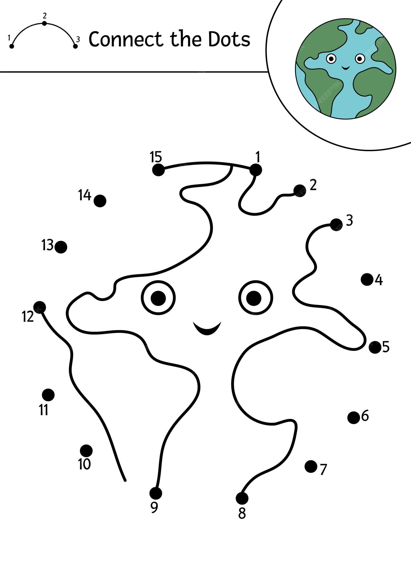 Premium vector vector space dottodot and color activity with cute planet earth astronomy connect the dots game for children funny math coloring page for kids with kawaii starxa