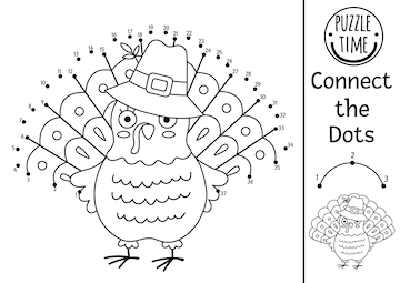 Premium vector vector dottodot and color activity with cute turkey thanksgiving connect the dots game for children with funny bird woodland coloring page for kids autumn holiday printable worksheetxa