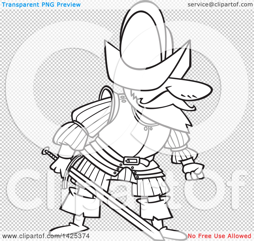 Clipart of a cartoon black and white lineart mad conquistador holding a sword