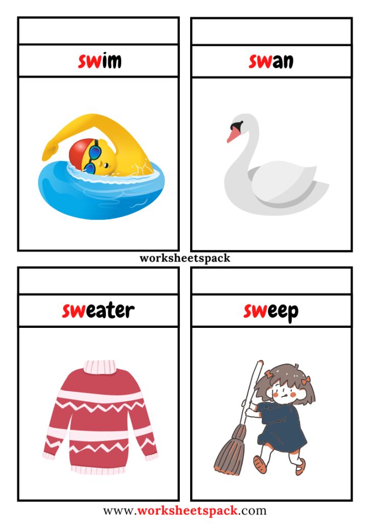 Free sw blend words with pictures sw consonant blend flashcards