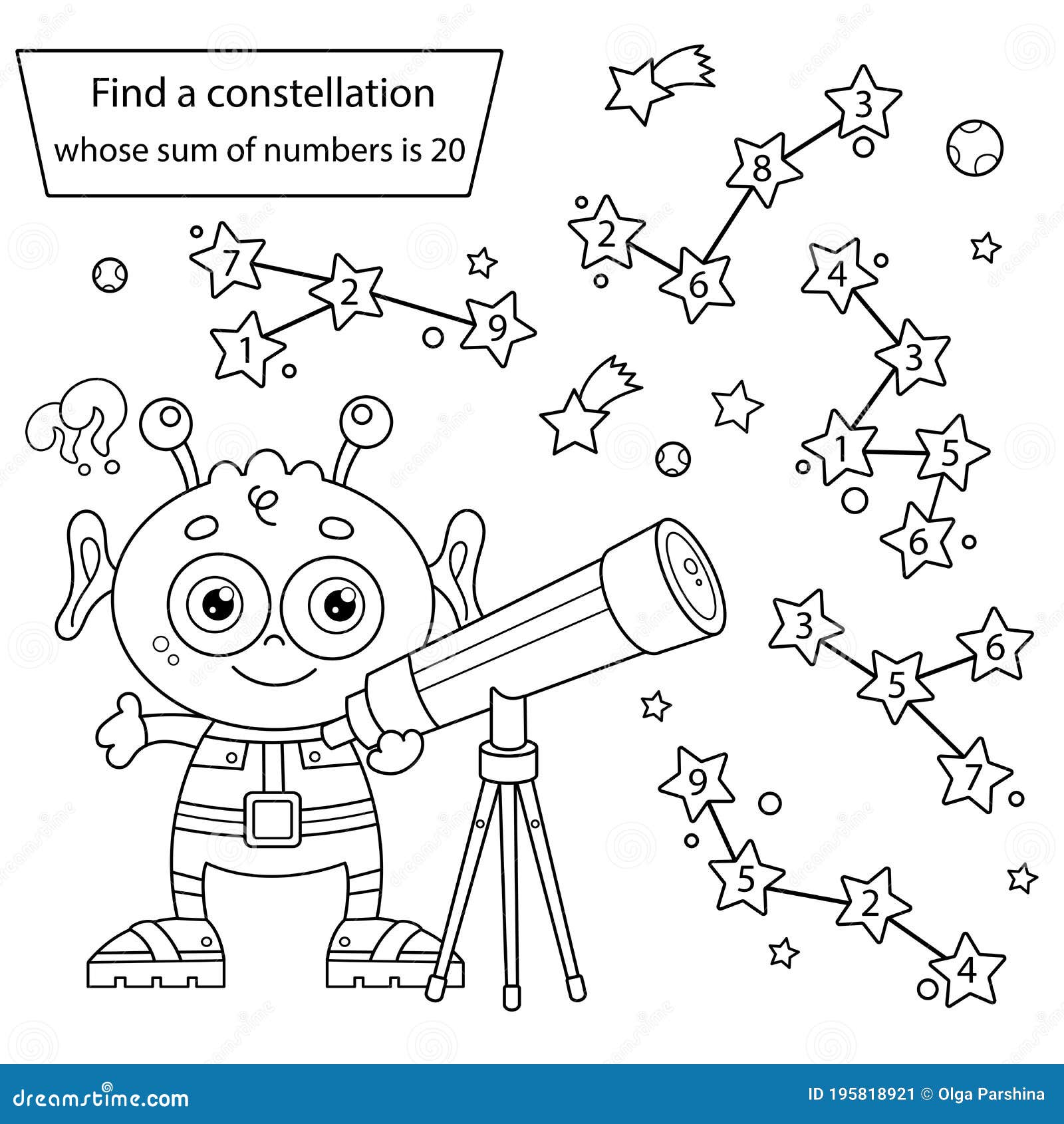 Find a constellation whose sum of numbers is puzzle game coloring page outline of cartoon alien with telescope space stock vector