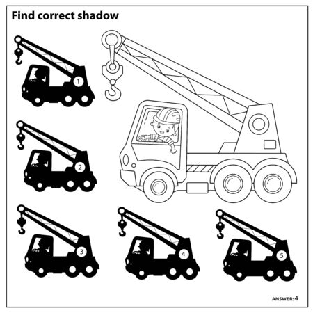 Puzzle game for kids find correct shadow truck crane construction vehicles coloring book for children