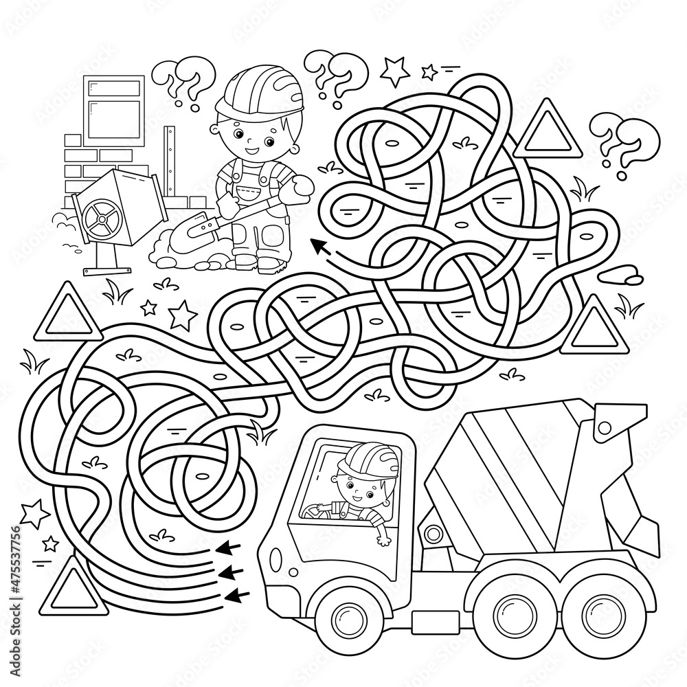 Maze or labyrinth game puzzle tangled road coloring page outline of cartoon concrete mixer construction vehicles coloring book for kids vector