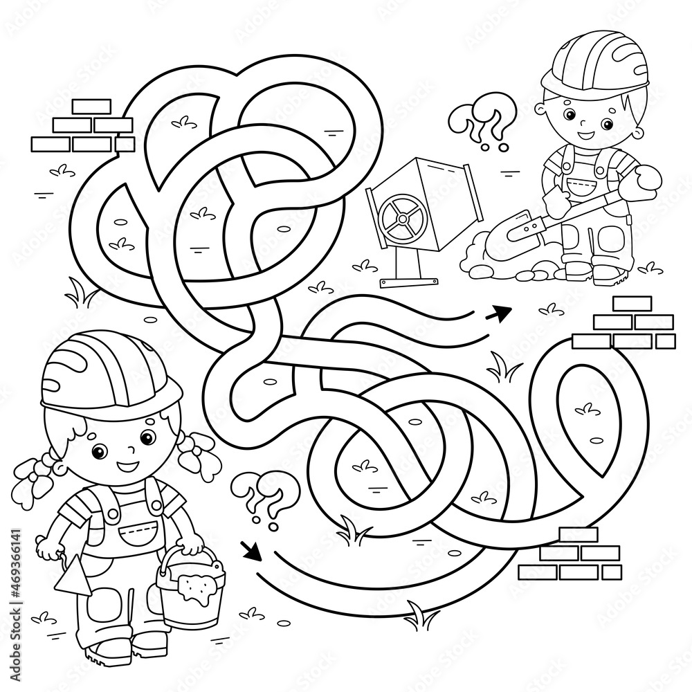 Maze or labyrinth game puzzle tangled road coloring page outline of cartoon builders with cement mortar and trowel construction profession coloring book for kids vector