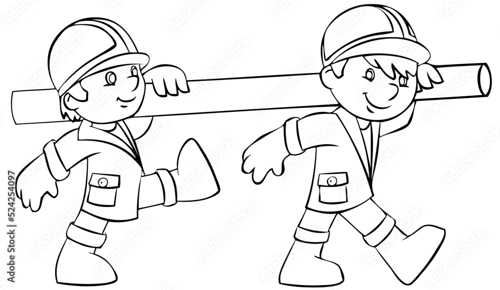 Construction workers with a pipe element for coloring page cartoon style vector