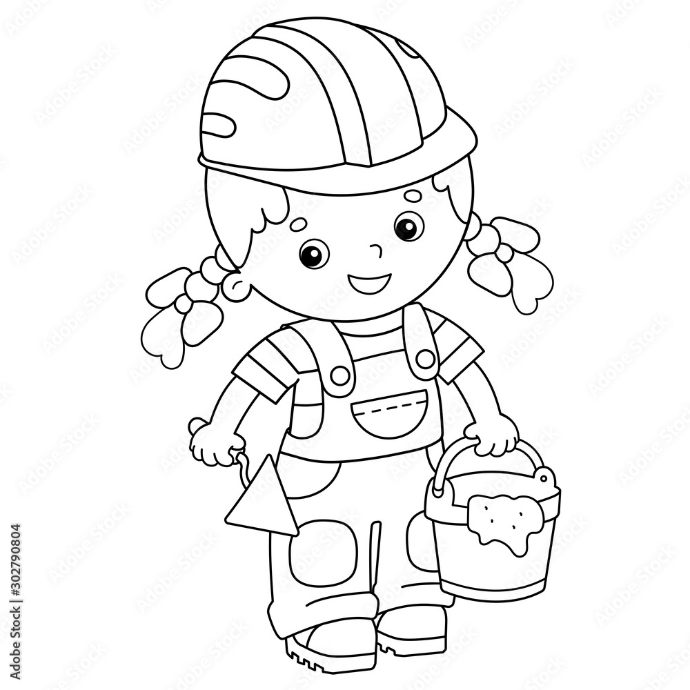 Coloring page outline of cartoon builder girl with cement mortar and trowel profession coloring book for kids vector