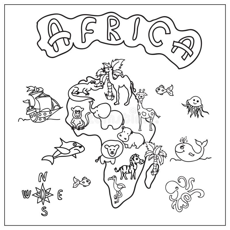 Africa continent kids map coloring page stock illustration