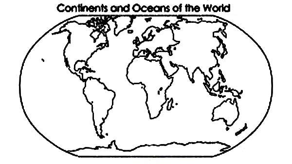 Continent and oceans of the world in world map coloring page