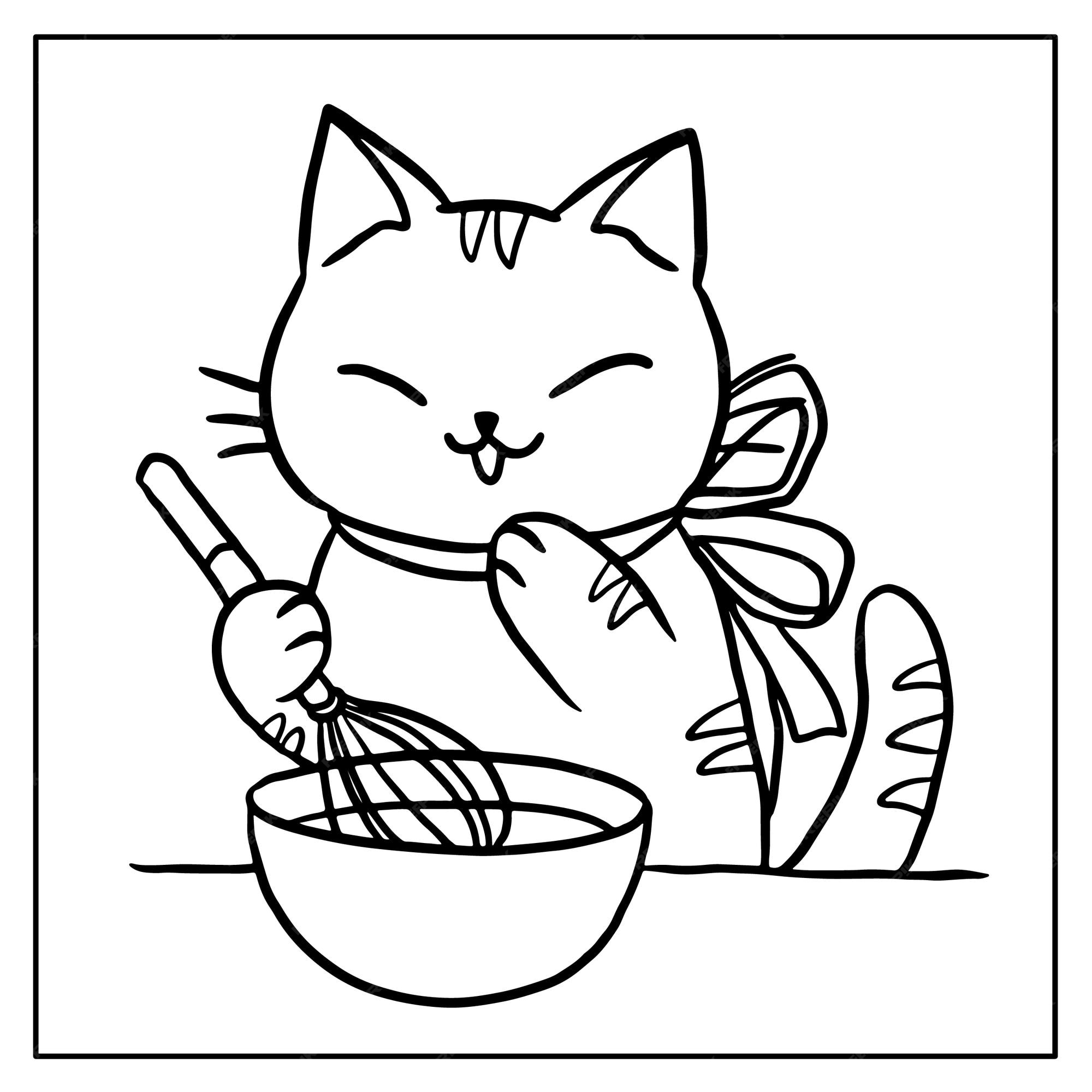 Premium vector coloring page cat cooking character cute kawaii