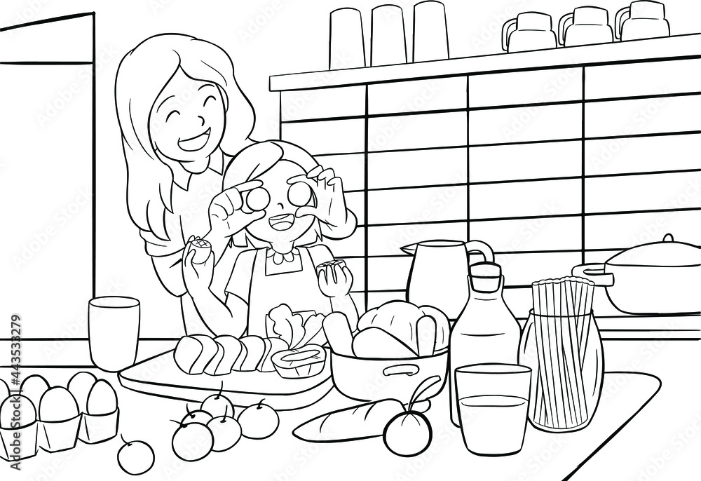 Coloring pages contain kids make cookies in the kitchen with mama black and white vector illustration for coloring book vector