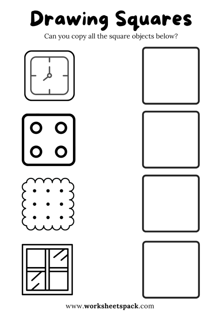 Square shapes drawing worksheets for kids copy the square objects