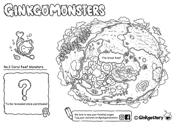 Coral reef monsters coloring pages diy digital printable colouring pages ginkgo monsters series adult coloring pages
