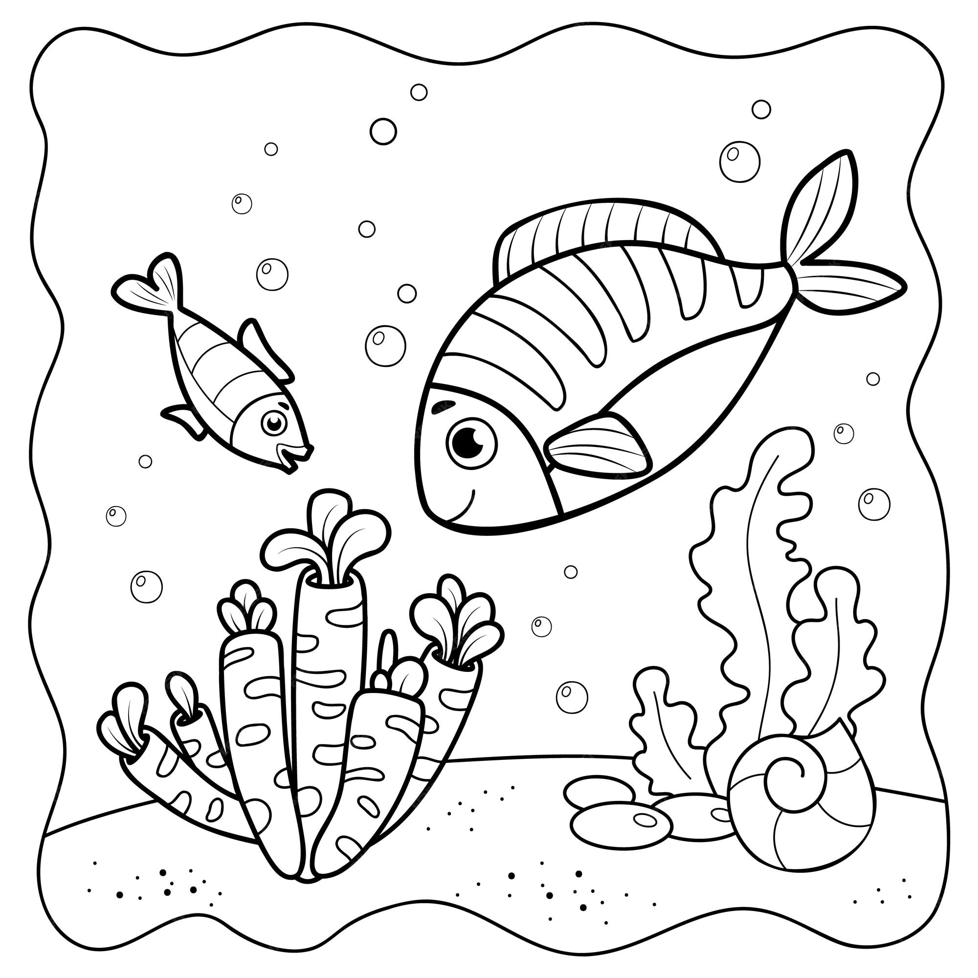 Premium vector fish black and white coloring book or coloring page for kids marine background