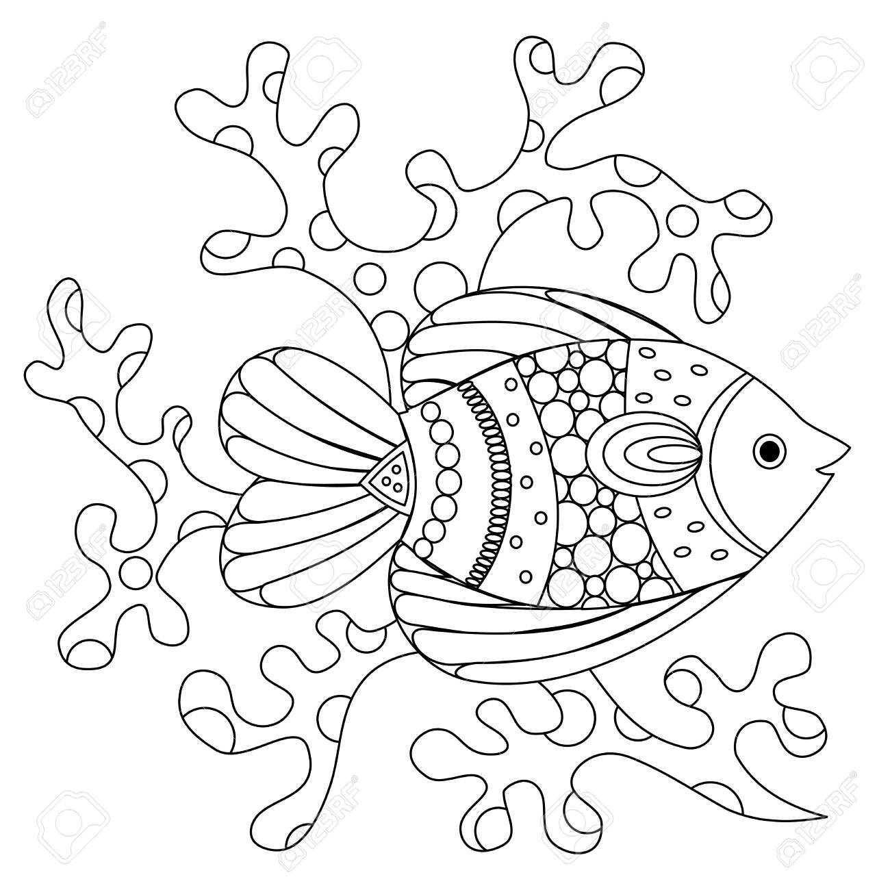 Fish and coral black and white illustration for coloring page print and other royalty free svg cliparts vectors and stock illustration image