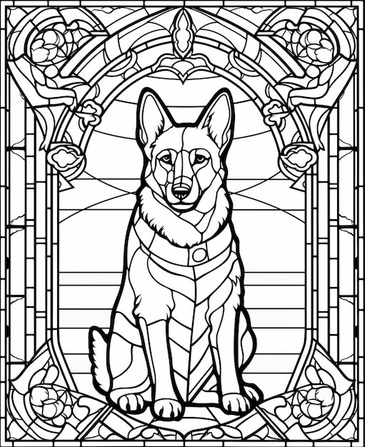 Premium ai image a black and white drawing of a dog sitting in a stained glass window generative ai