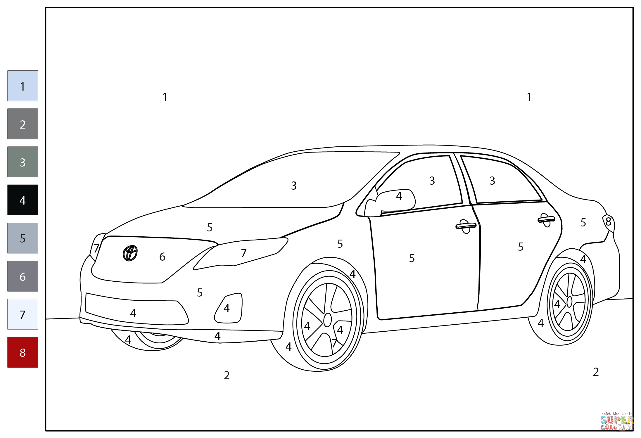 Toyota corolla color by number coloring page free printable coloring pages