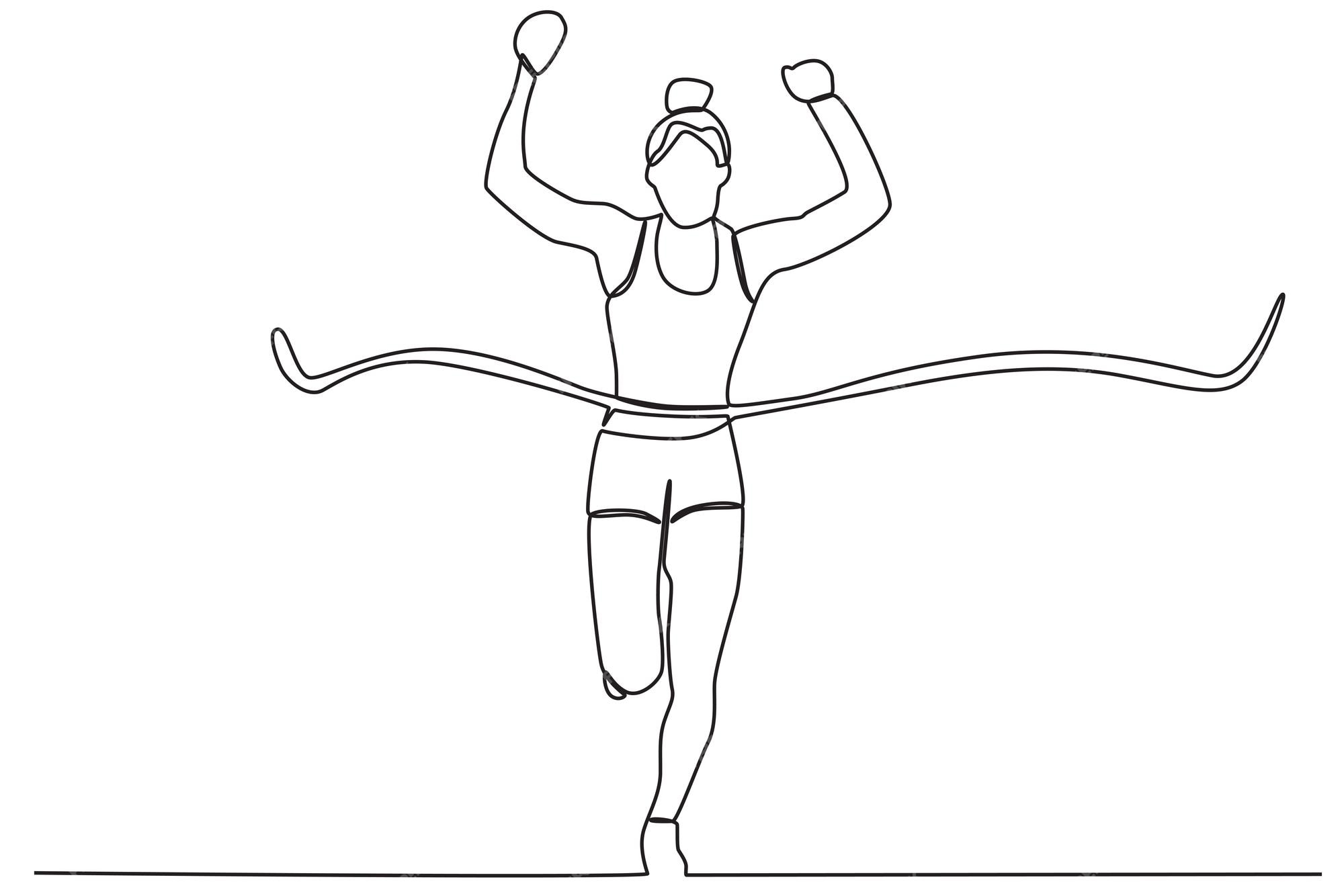 Una corredora feliz levanta la mano hasta el final lãnea de meta dibujo en lãnea vector premium