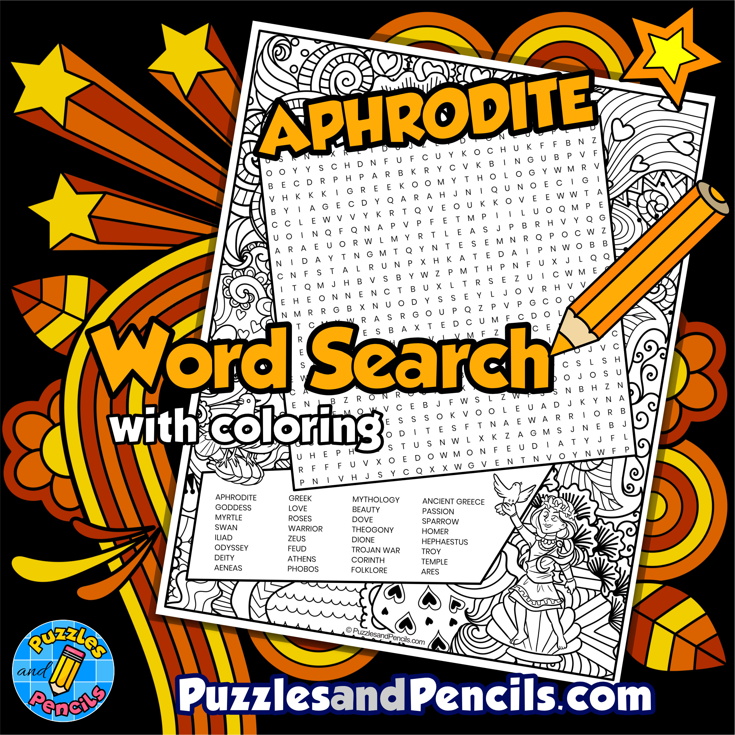 Aphrodite word search puzzle with coloring greek mythology wordsearch made by teachers