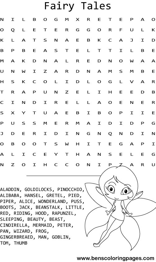 Fairy tales word search coloring page