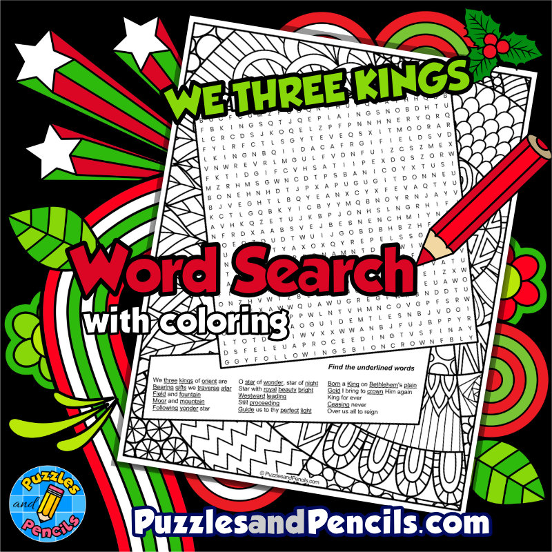 We three kings word search puzzle activity page with coloring christmas carols made by teachers