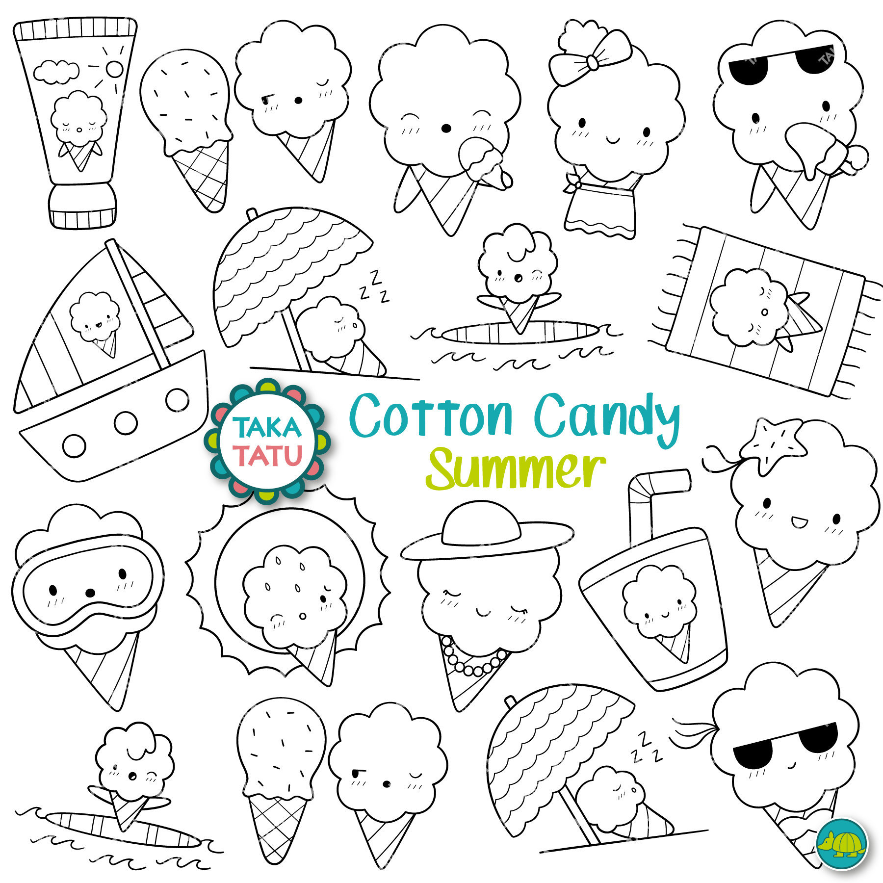Cotton candy summer clipart fun and cute summer digital stamps printable coloring pages for kids kawaii beach day clipart printable instant download