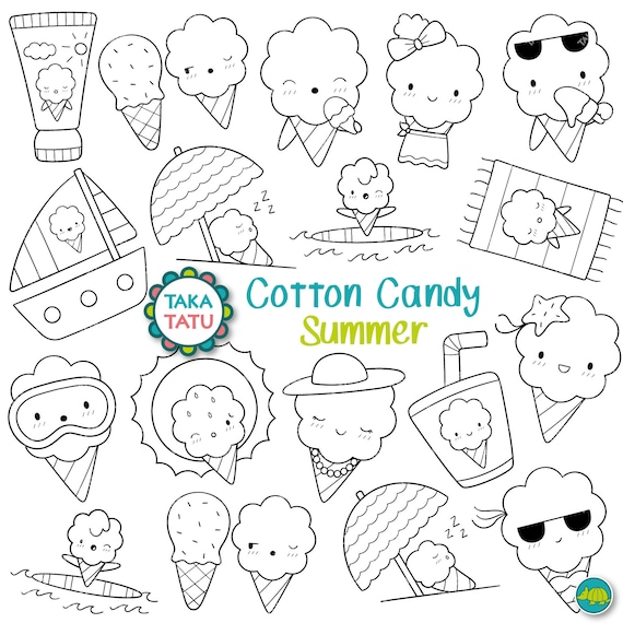 Cotton candy summer clipart fun and cute summer digital stamps printable coloring pages for kids kawaii beach day clipart printable instant download