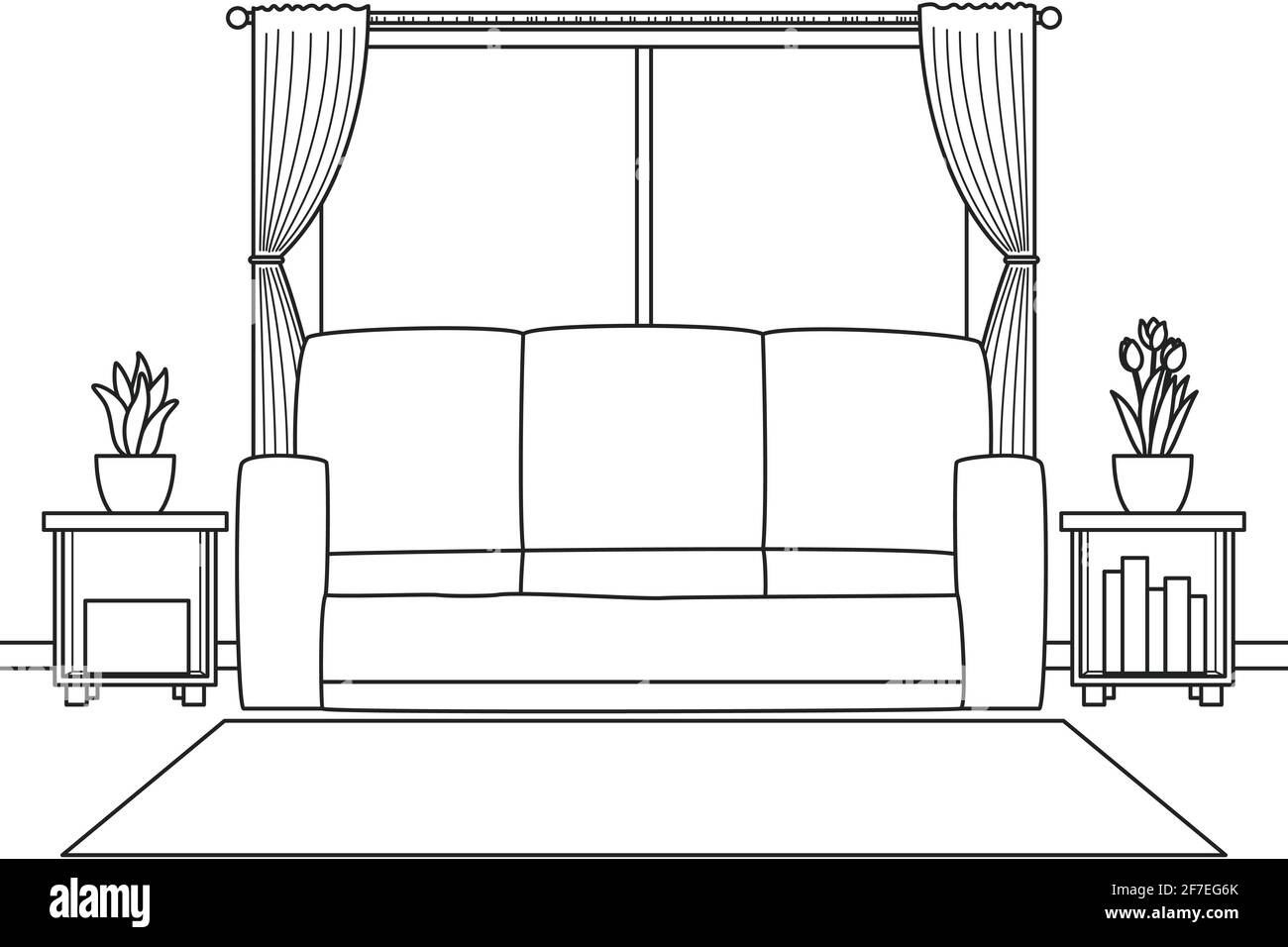 Cozy living room with sofa and carpet black and white color coloring book illustration vector stock vector image art