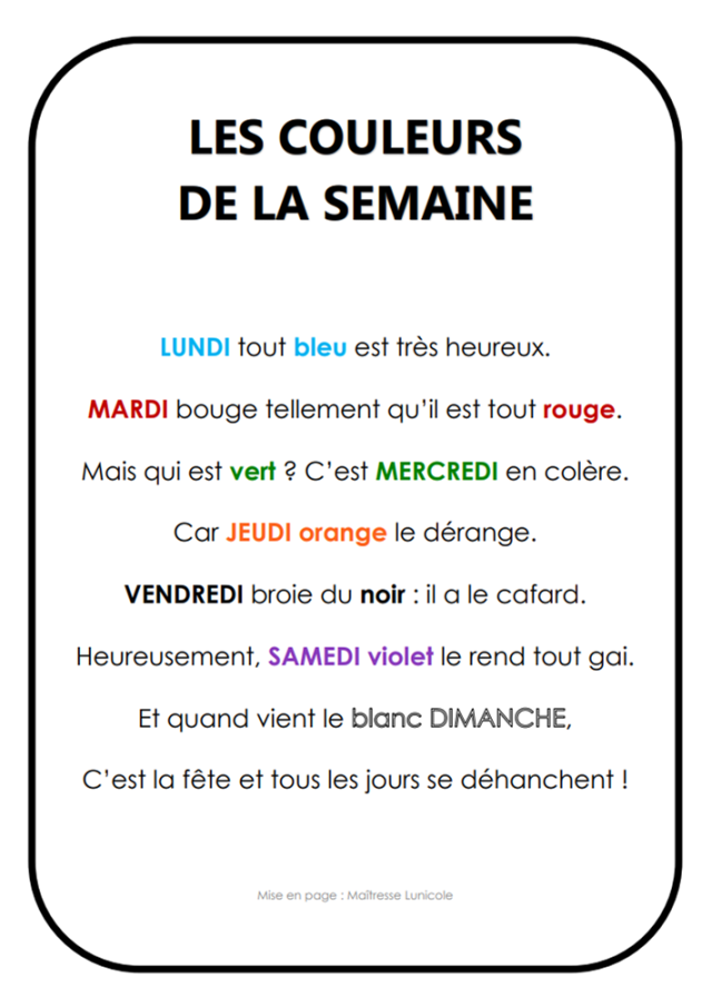 Les couleurs de la semaine â maãtresse lunicole