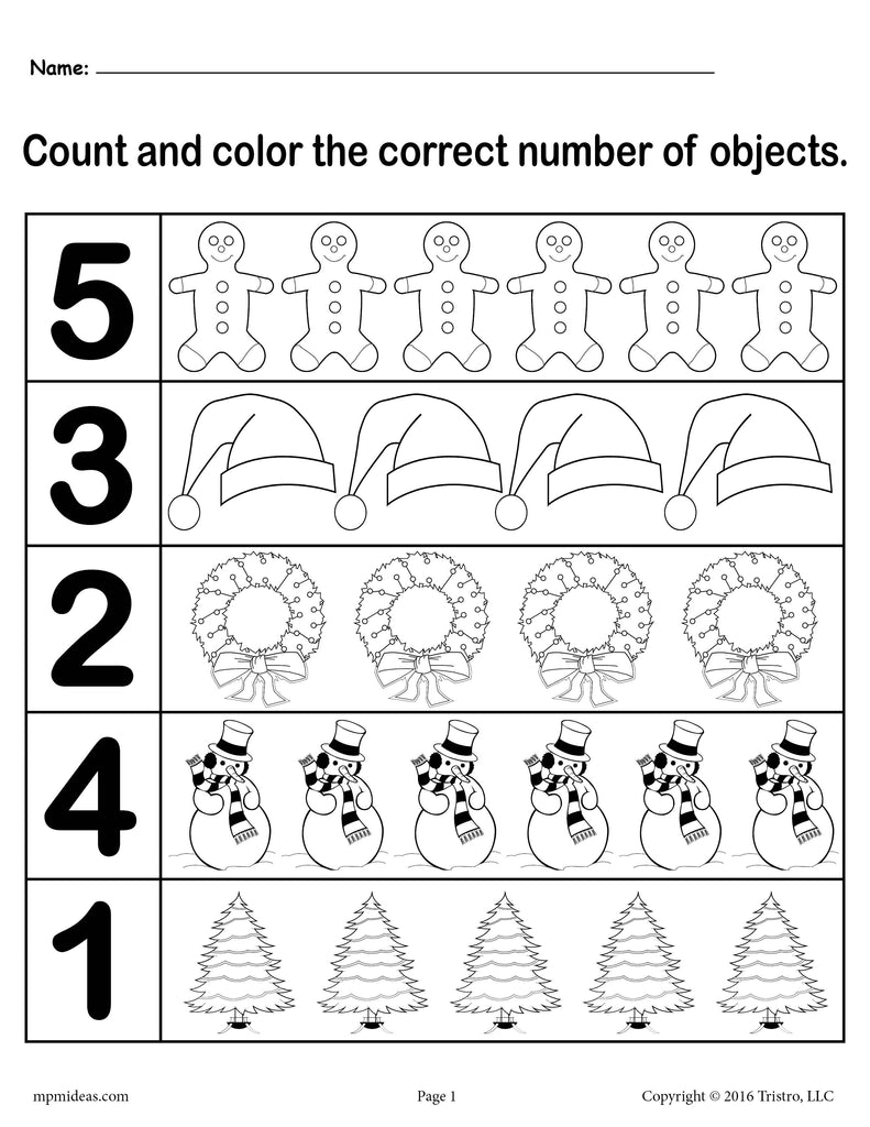 Christmas themed count and color worksheets printable versions â