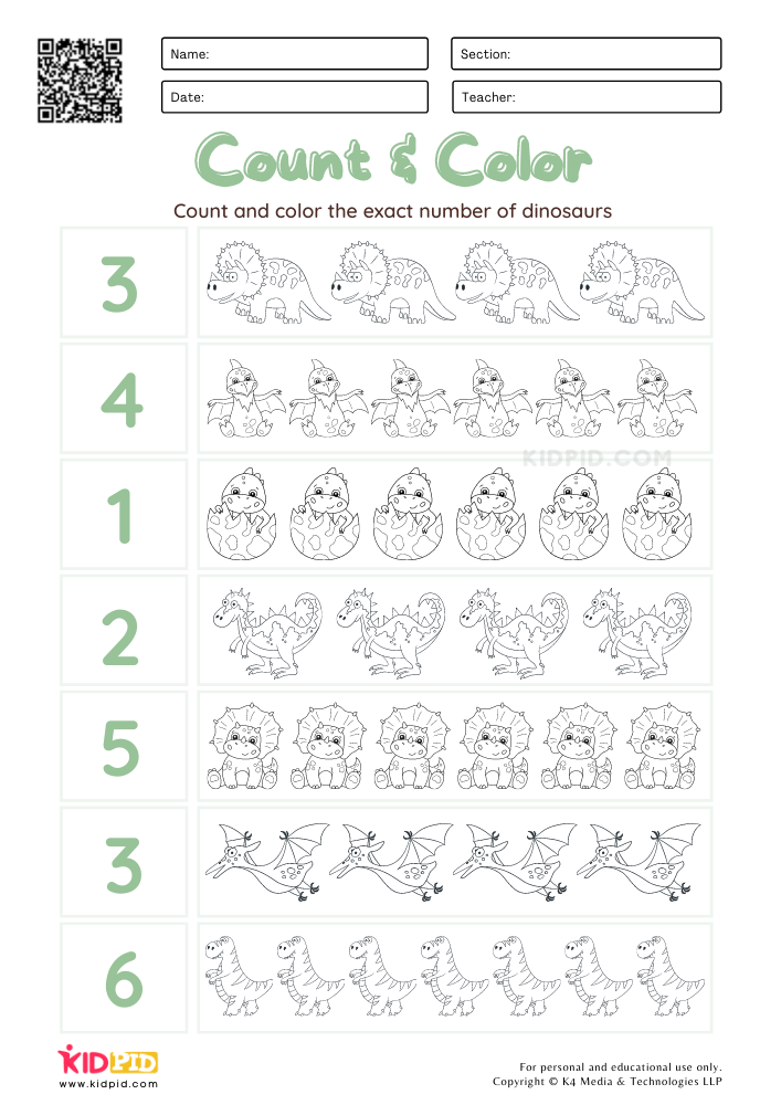 Count color dinosaur worksheets for kids