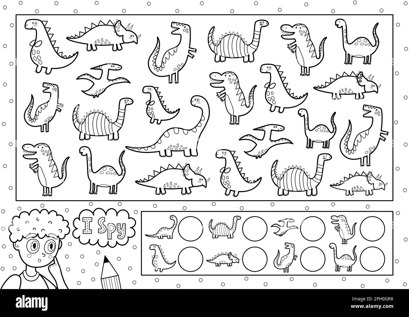 I spy game coloring page for kids find and count cute dinosaurs stock vector image art