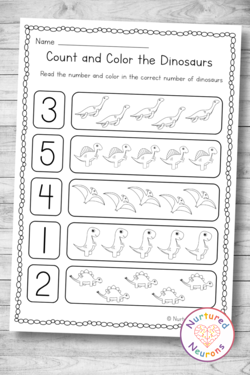 Dinosaur count and color worksheet