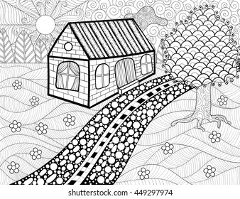 Hakuun country landscape patterned background adult coloring liittyvã vektorikuva rojaltivapaa