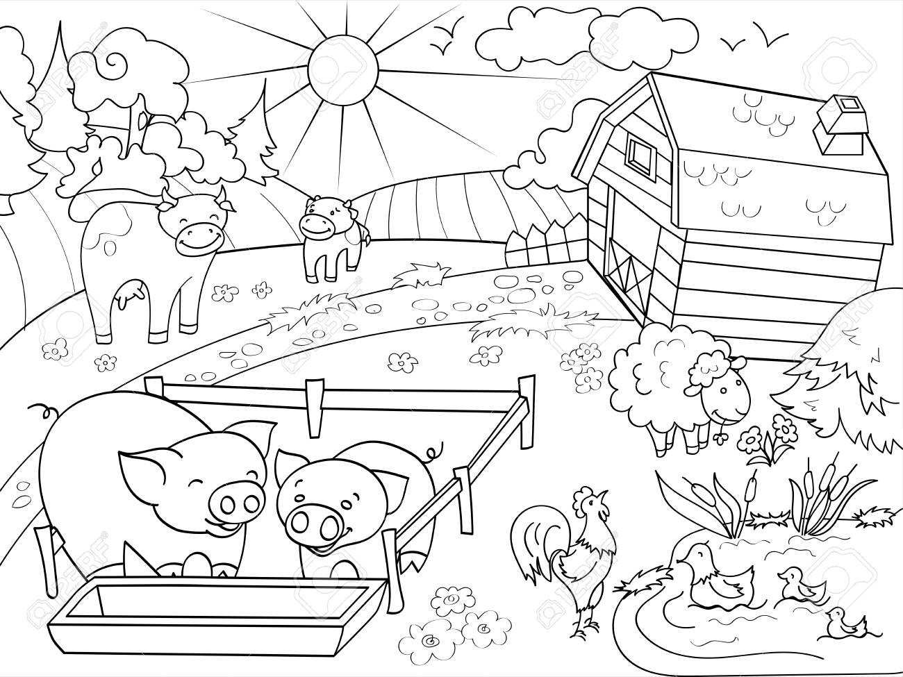 Farm animals and rural landscape coloring raster for adults stock photo picture and royalty free image image