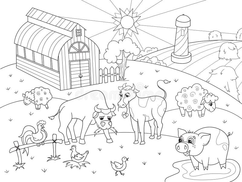 Farm animals and rural landscape coloring raster for adults stock illustration