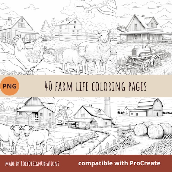 Farm life coloring pages farm animals colouring pages countryside grayscale instant download