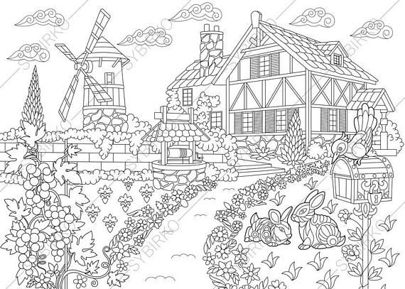 Landscapes houses coloring pages coloring book for adults