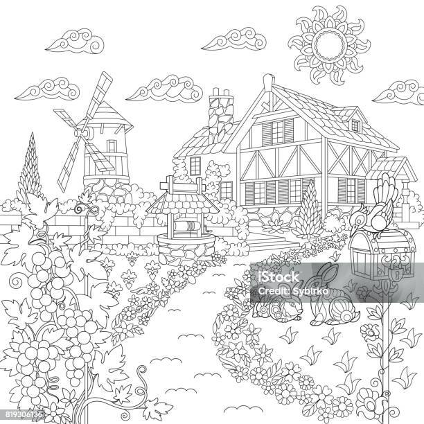 Countryside scene with mansion stock illustration