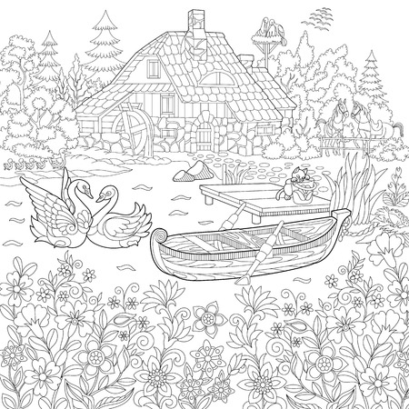 Coloring book page of rural landscape flower meadow lake farm house ducks kitten swans horses frog storks freehand drawing for adult antistress colouring with doodle and zentangle elements ù ùùø øªøµù ùù ù