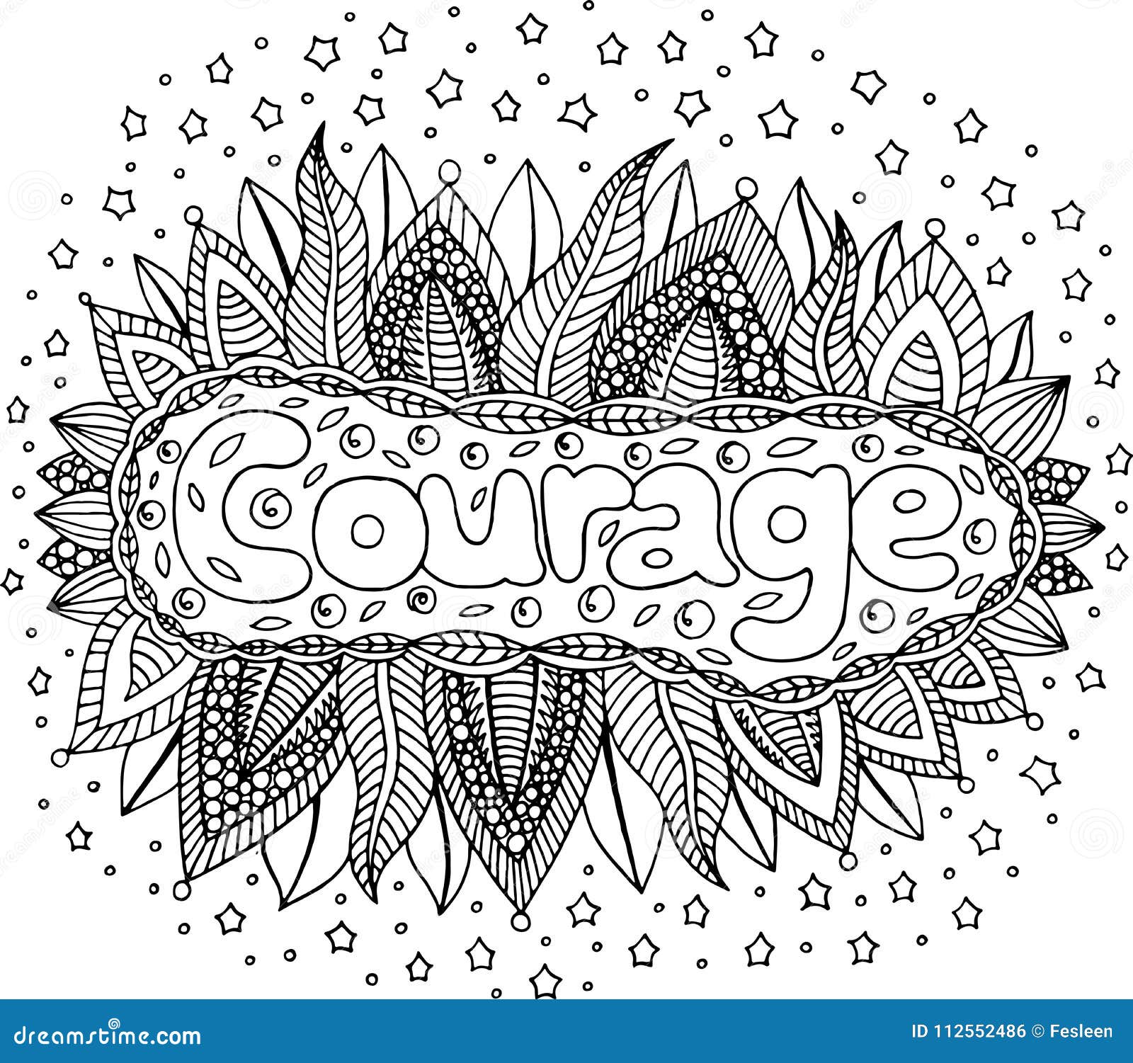 Coloring page for adults with mandala and courage word doodle l stock vector