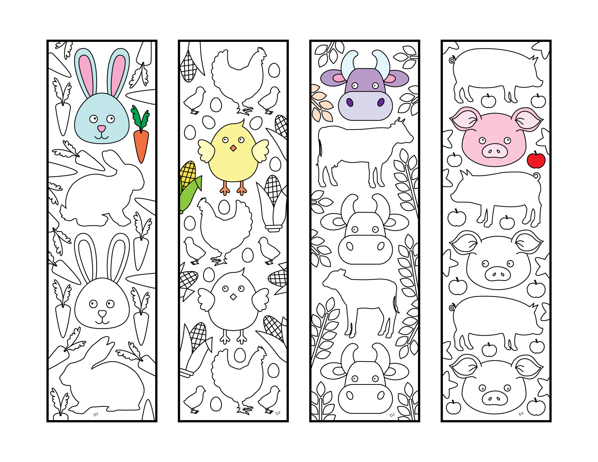 Cute farm animal bookmarks pdf coloring page bunny chicken cow pig